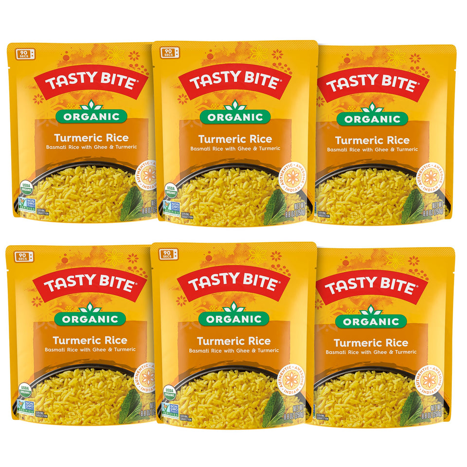 Tasty Bite Organic Turmeric Rice box front, a quick, flavorful side for busy meals.