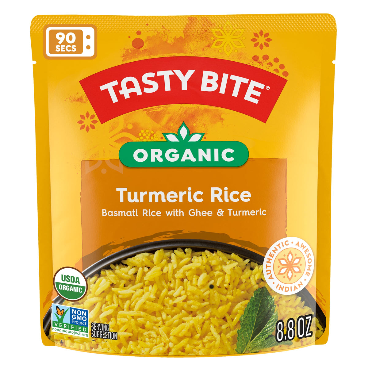 Tasty Bite Organic Turmeric Rice cooked steaming bowl showing fluffy texture and turmeric color.