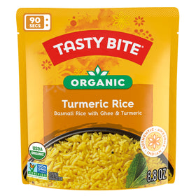 Tasty Bite Organic Turmeric Rice cooked steaming bowl showing fluffy texture and turmeric color.