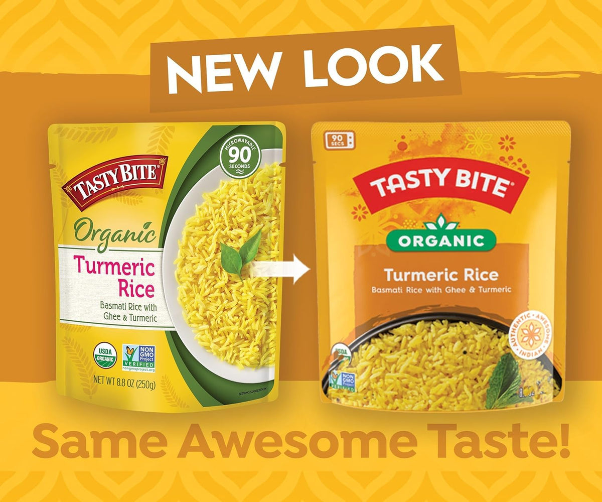 Tasty Bite Organic Turmeric Rice microwave cup illustrating fast, ready-to-serve convenience.