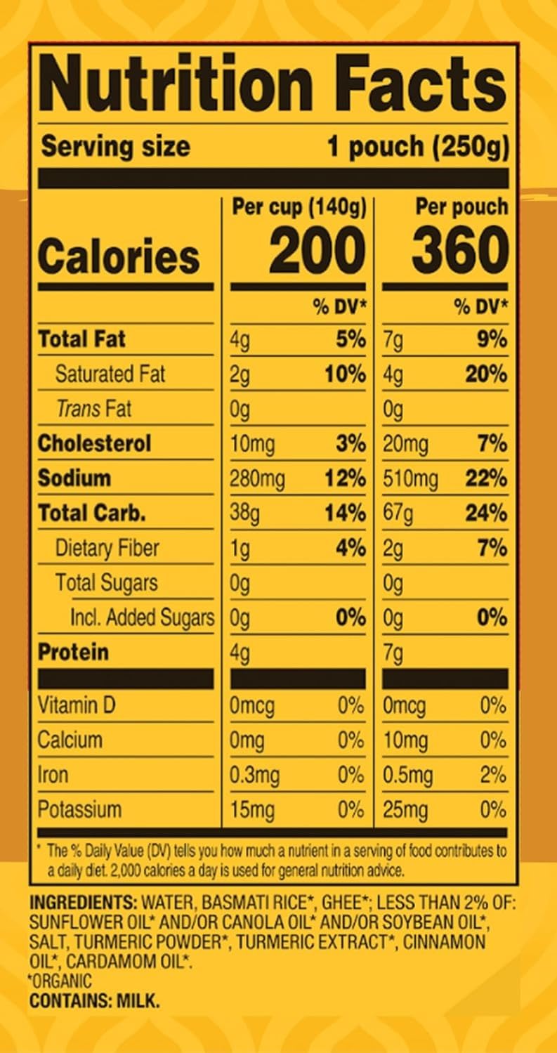 Tasty Bite Organic Turmeric Rice packaging back highlights ingredients and gluten-free, vegetarian attributes.