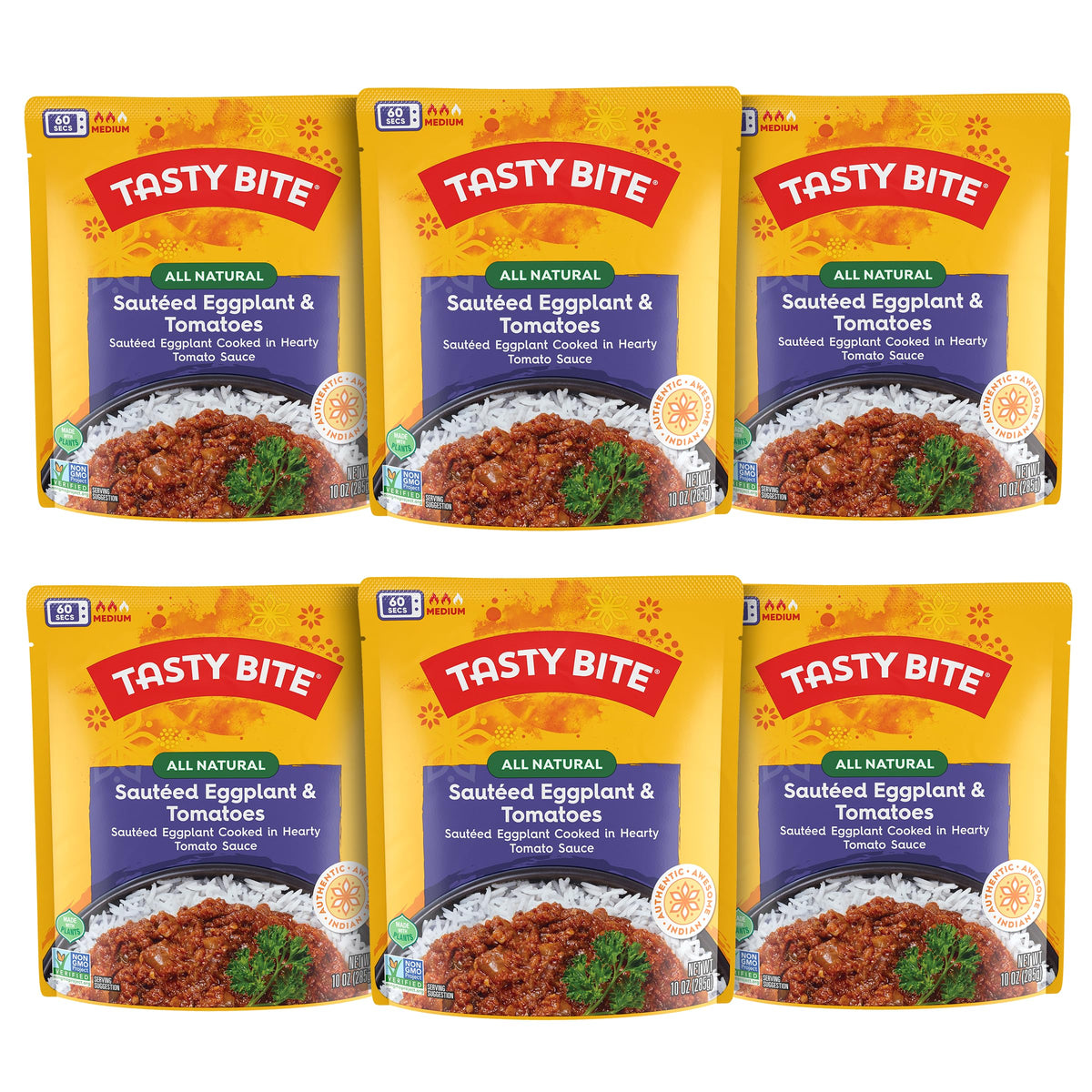 Tasty Bite Punjab Eggplant six-pack front view, ready-to-eat convenience for busy weeknights.