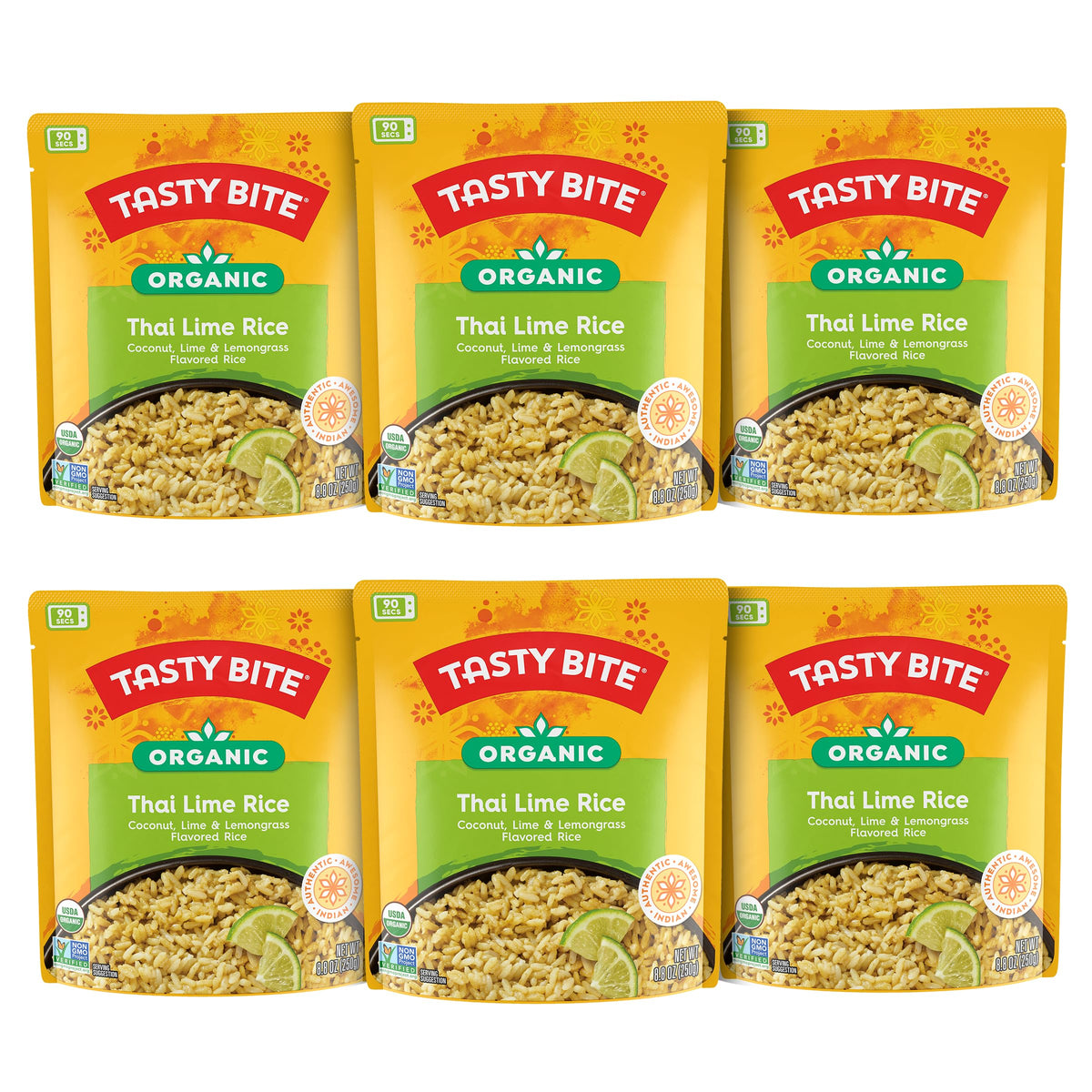 Tasty Bite Thai Lime Rice pack of 6, ready to heat for quick meals.