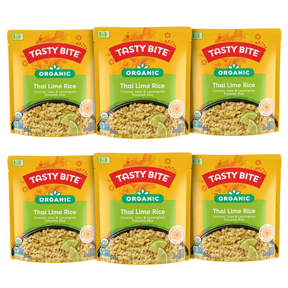 Tasty Bite Thai Lime Rice pack of 6, ready to heat for quick meals.