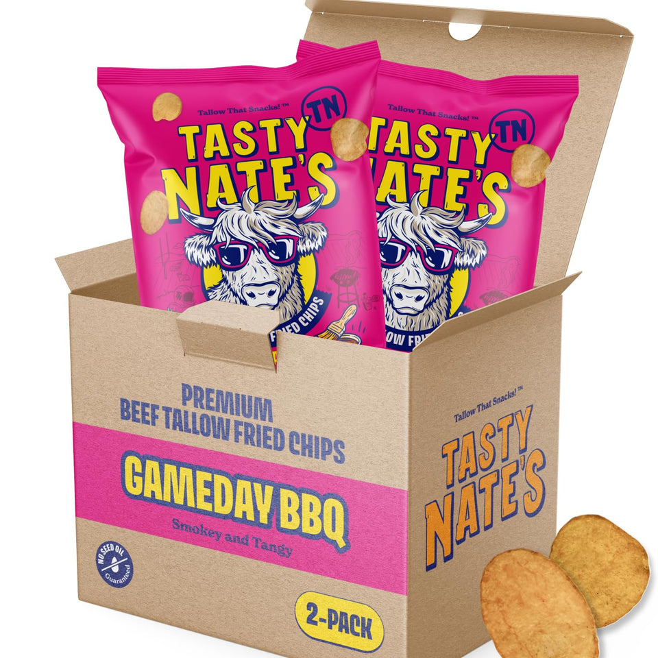 Tasty Nate's beef tallow chips with game-day BBQ flavor offering rich crunch.