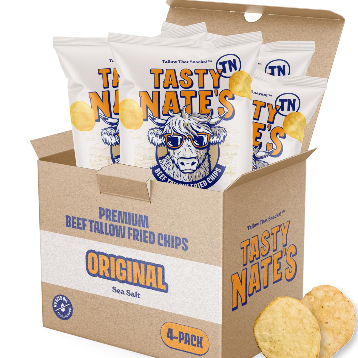 Tasty Nate’s Beef Tallow Potato Chips Original Sea Salt closeup; bold flavor and crisp texture.