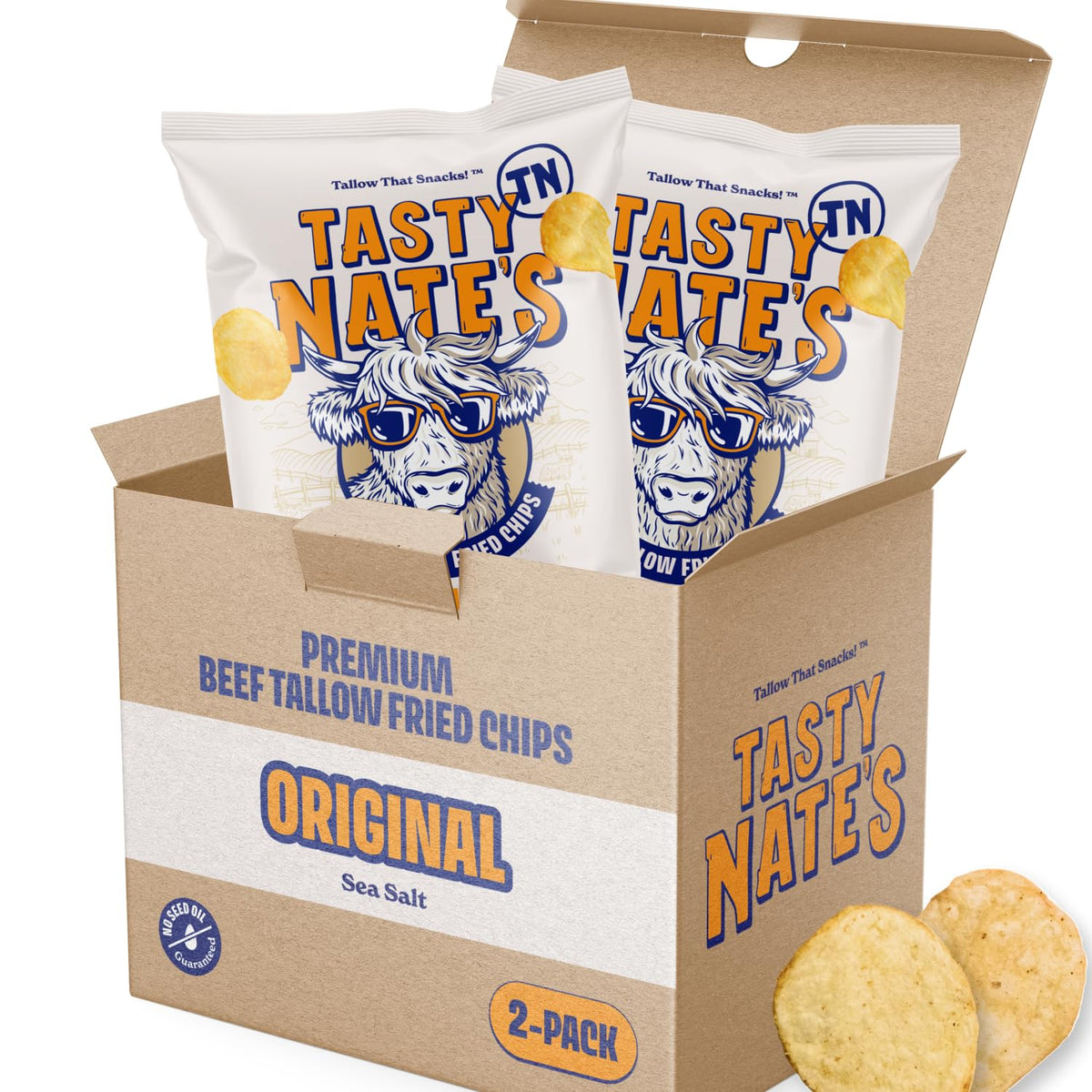 Tasty Nate’s beef tallow chips show original sea salt for bold, savory flavor.