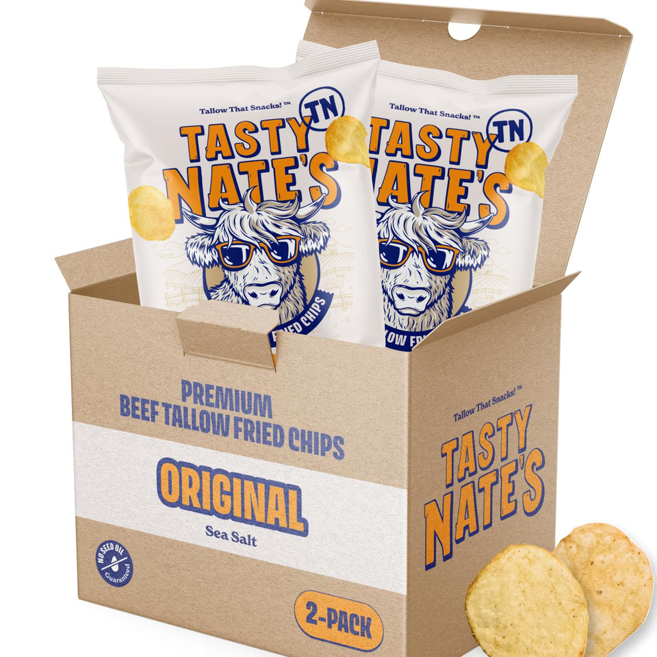 Tasty Nate’s beef tallow chips show original sea salt for bold, savory flavor.
