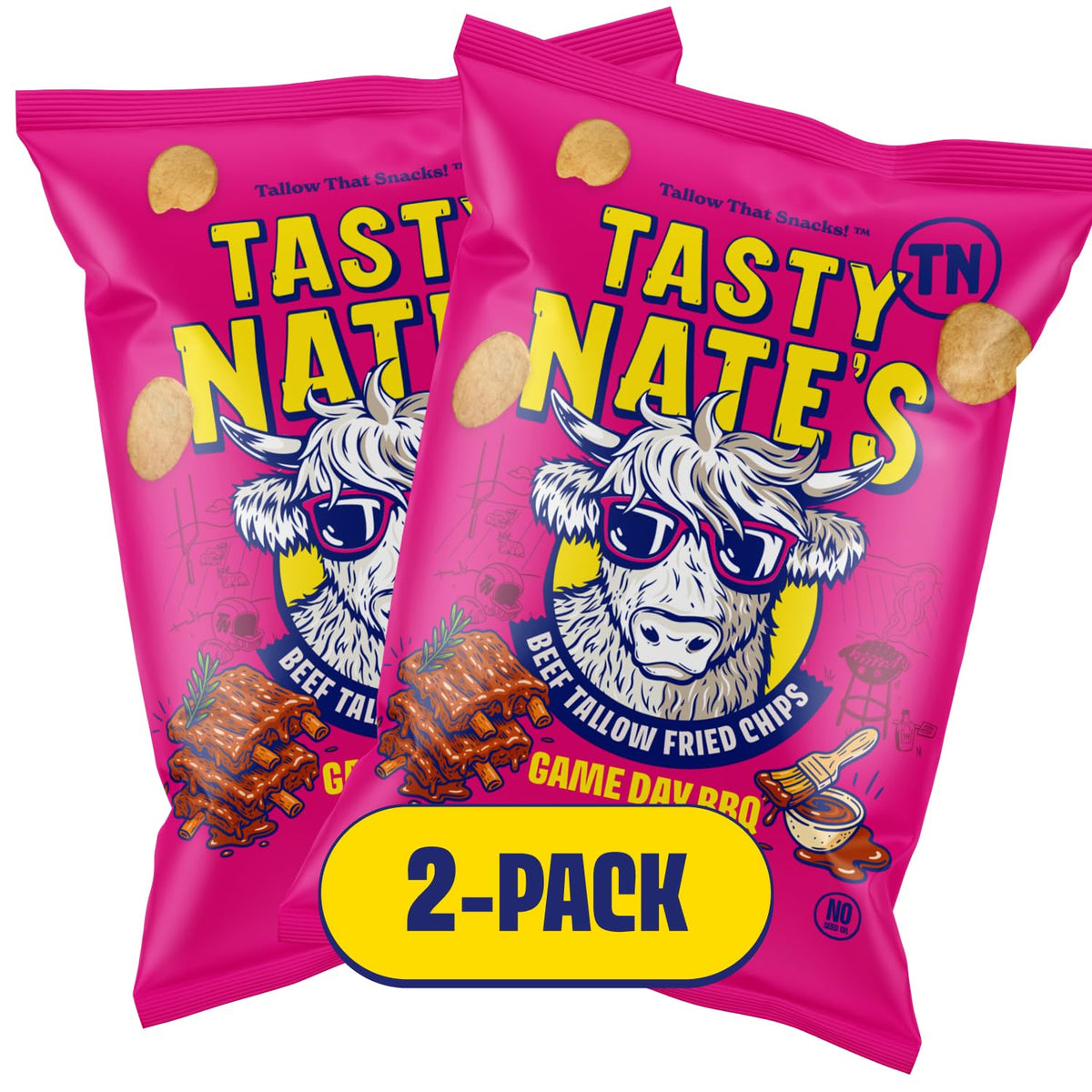 Tasty Nate's game-day BBQ seasoning on chips, close-up of savory coating.