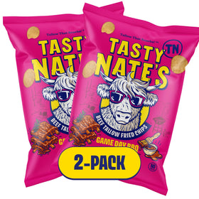 Tasty Nate's game-day BBQ seasoning on chips, close-up of savory coating.