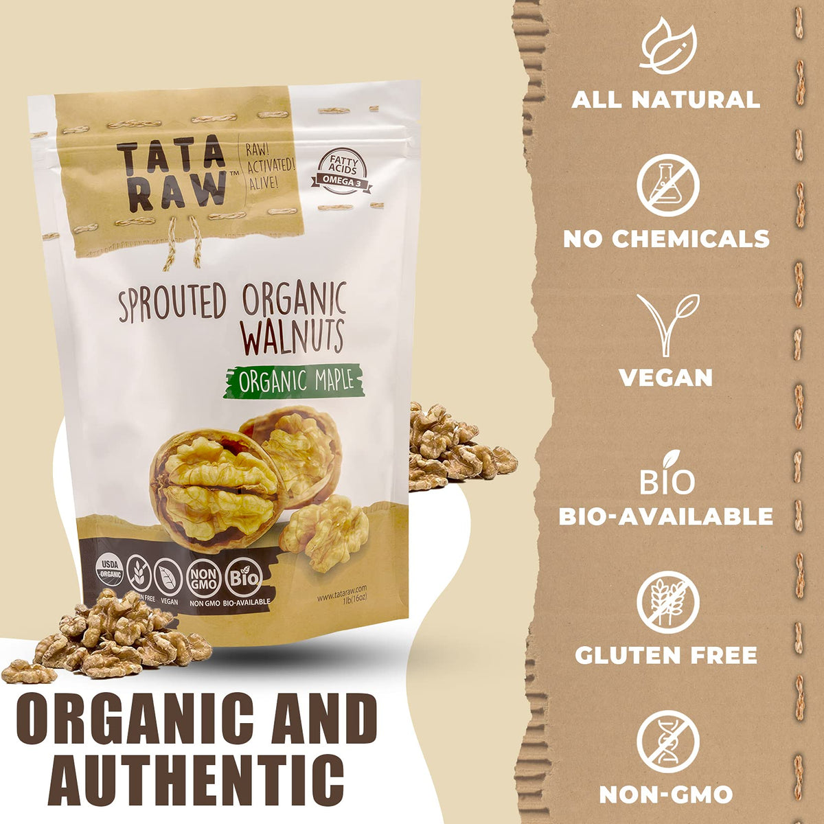 TATA RAW maple-sweetened walnuts packaging with maple syrup label