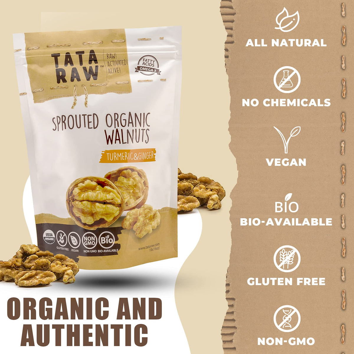 1 lb packaging of Tata Raw sprouted walnuts for pantry freshness
