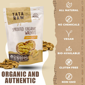 1 lb packaging of Tata Raw sprouted walnuts for pantry freshness