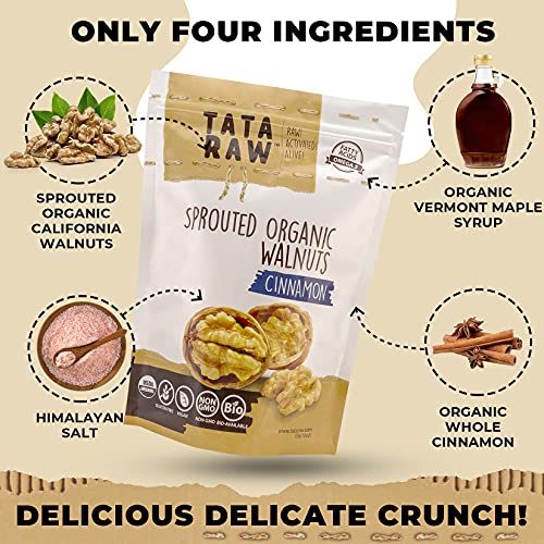 TATA RAW Cinnamon sprouted walnuts close-up, delicate crunch ideal for snacking.