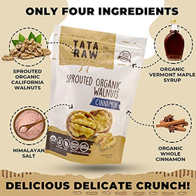 TATA RAW Cinnamon sprouted walnuts close-up, delicate crunch ideal for snacking.