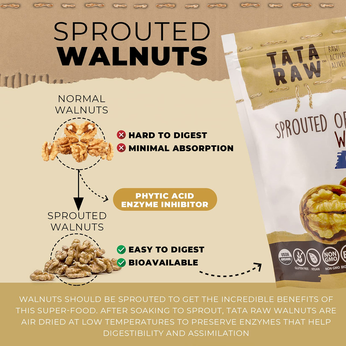 TATA RAW organic sprouted walnuts ingredient scene, highlighting nutrient-dense, sprouted nuts.