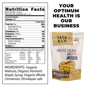 TATA RAW packaging for Cinnamon sprouted walnuts, emphasizing organic sprouted process.