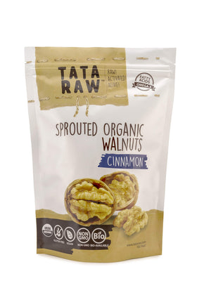 TATA RAW Cinnamon sprouted walnuts pack shot, organic origin and premium crunch.