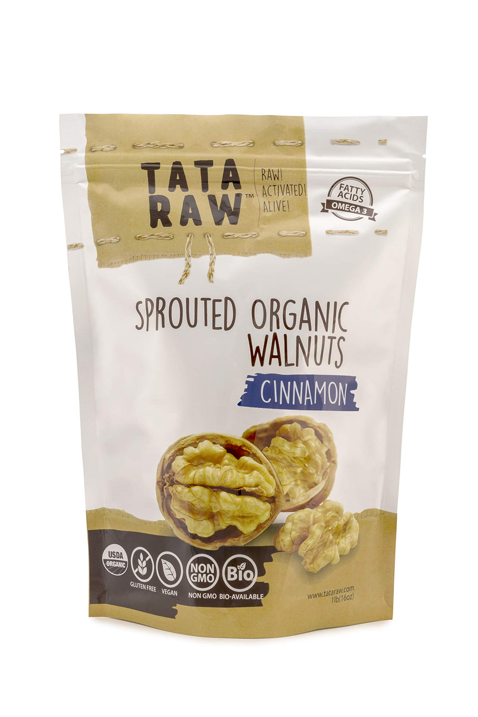 TATA RAW Cinnamon sprouted walnuts pack shot, organic origin and premium crunch.
