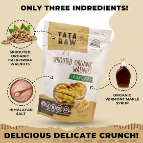 TATA RAW sprouted maple walnuts bag showcasing organic maple flavor and Himalayan salt