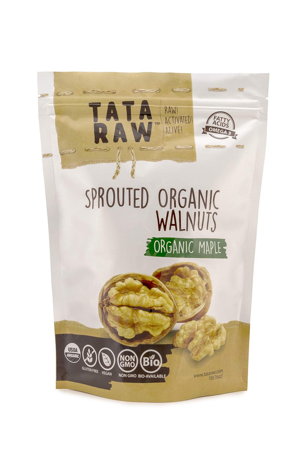 TATA RAW sprouted maple walnuts closeup highlighting crunchy texture and omega-3 benefits