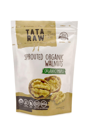 TATA RAW sprouted maple walnuts closeup highlighting crunchy texture and omega-3 benefits