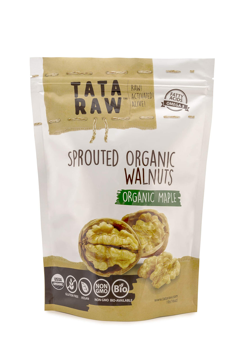 TATA RAW sprouted maple walnuts closeup highlighting crunchy texture and omega-3 benefits
