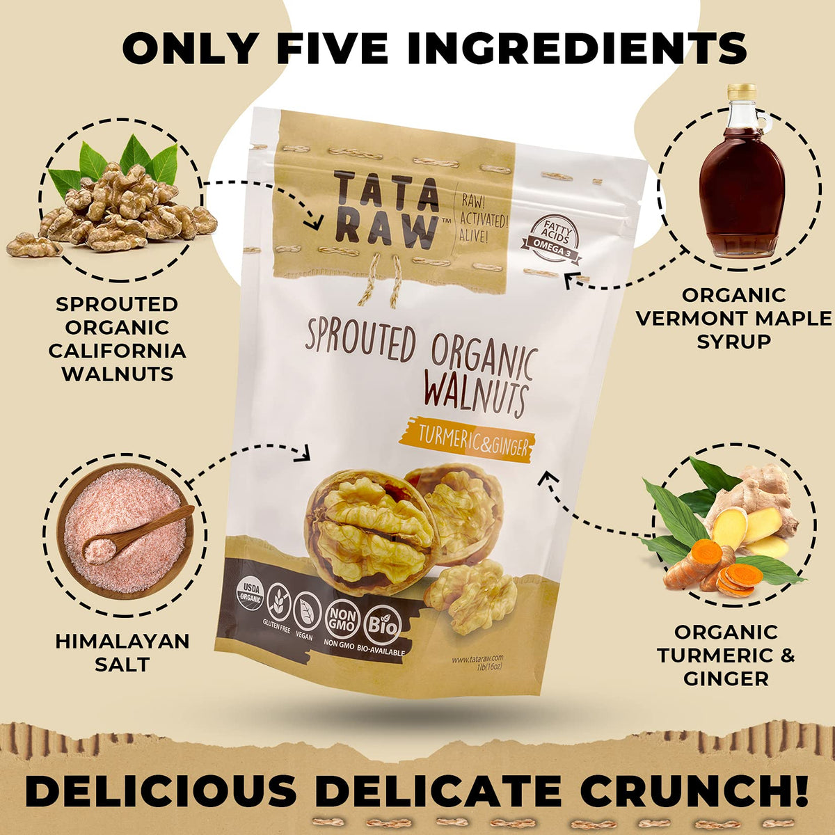 Close-up of TATA RAW sprouted maple walnuts showing rich color and nutritious crunch