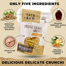 Close-up of TATA RAW sprouted maple walnuts showing rich color and nutritious crunch