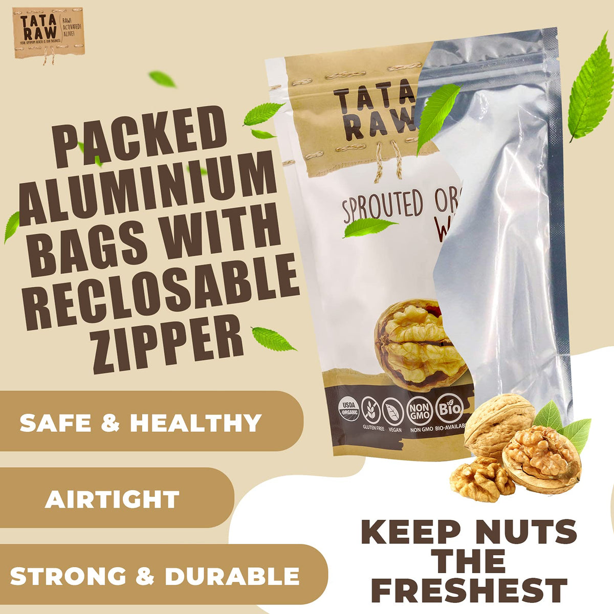 TATA RAW sprouted walnuts display visible sprouting and crunchy texture