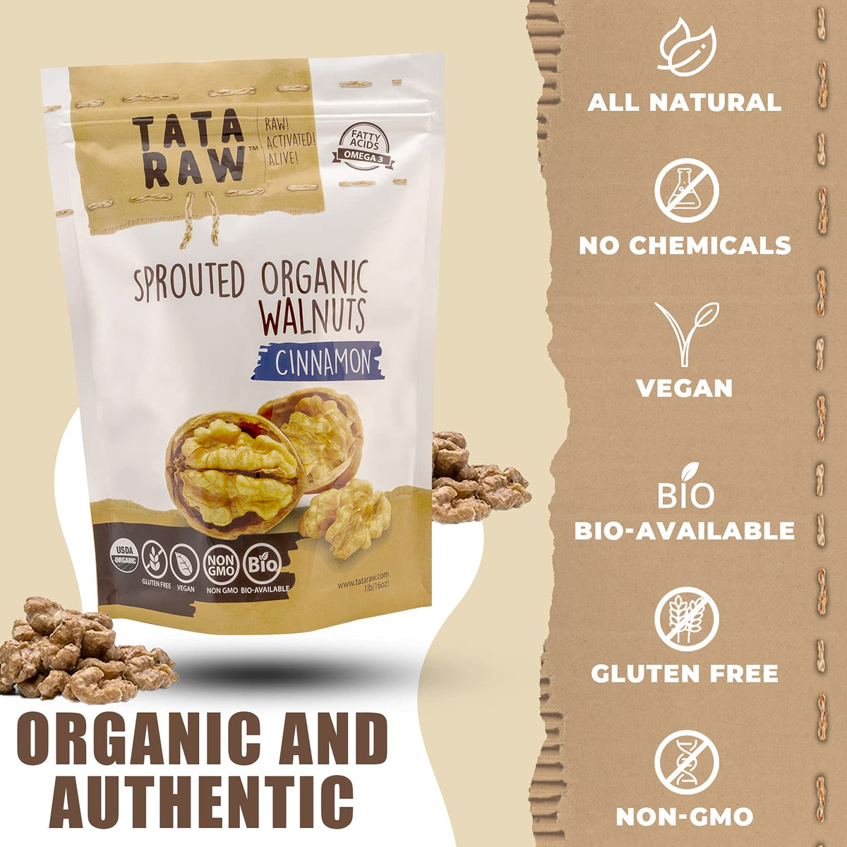 TATA RAW Cinnamon sprouted walnuts in bowl, perfect for toppings and bowls.