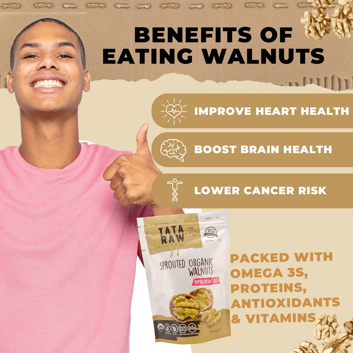 TATA RAW sprouted walnuts handful, easy topping for salads and yogurt.