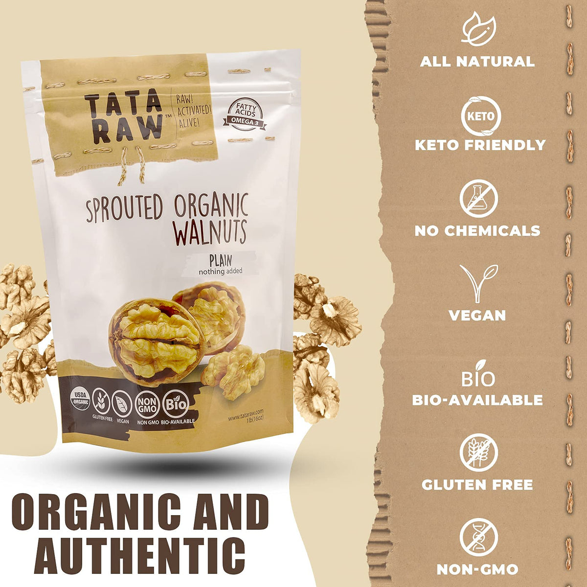 Nutrition panel beside walnuts highlighting omega-3 and antioxidants