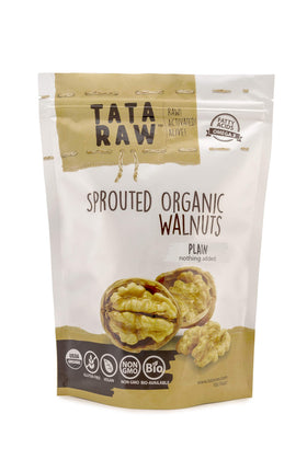 TATA RAW Sprouted Walnuts packaging front, plain additive-free snack option