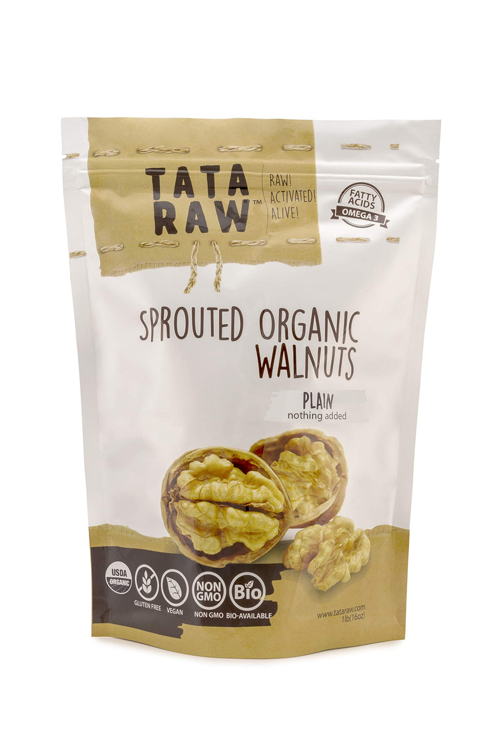 TATA RAW Sprouted Walnuts packaging front, plain additive-free snack option