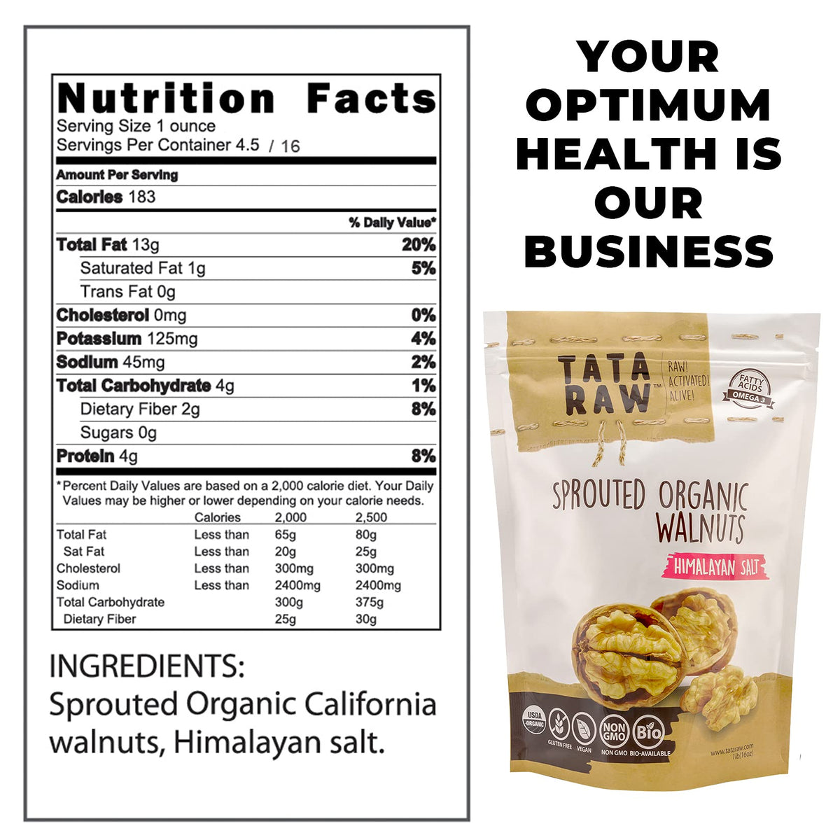 TATA RAW sprouted walnuts on salad boost flavor and texture.