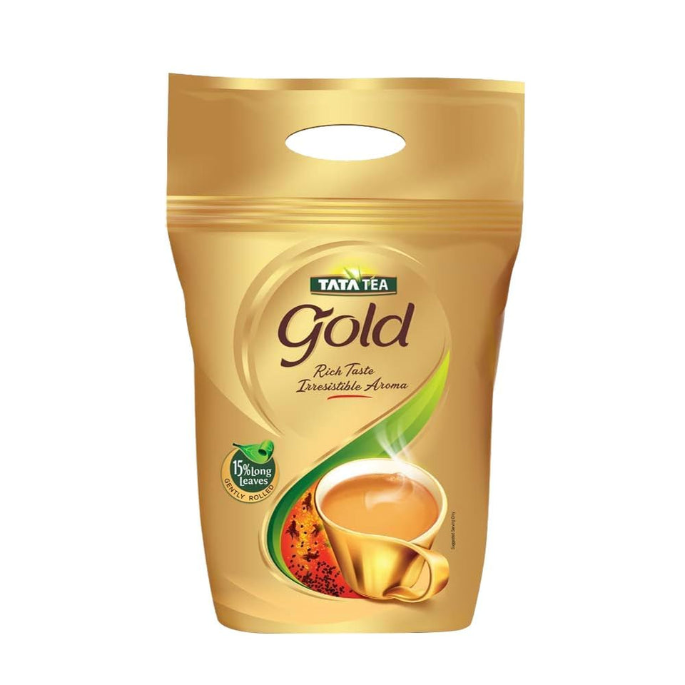 Tata Tea Gold pack shot highlighting premium leaves and inviting aroma.