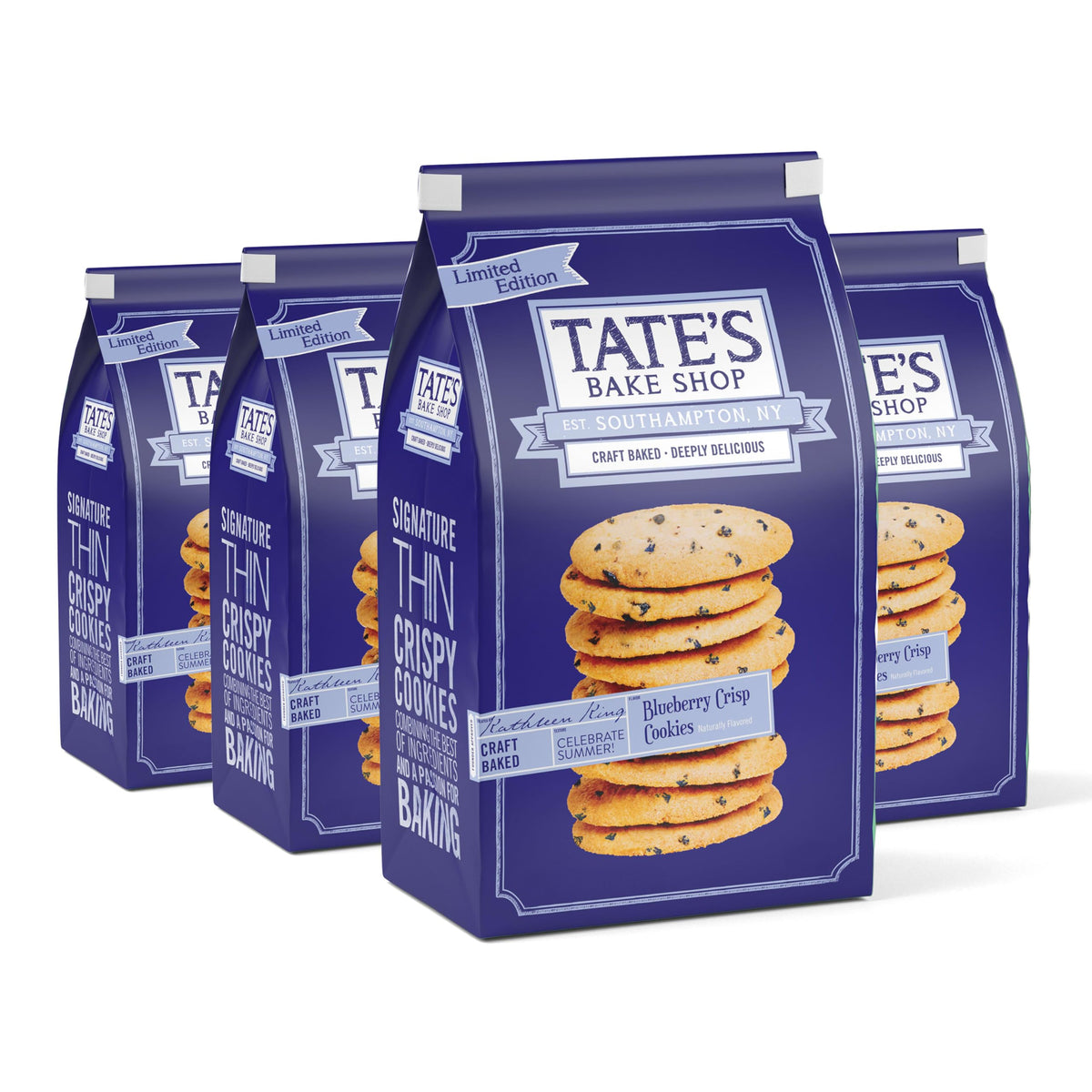 Tate's Blueberry Crisp Cookies bags show four resealable packs for freshness.