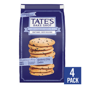 Close-up showcases the delicate crunch of Tate's Blueberry Crisp Cookies.