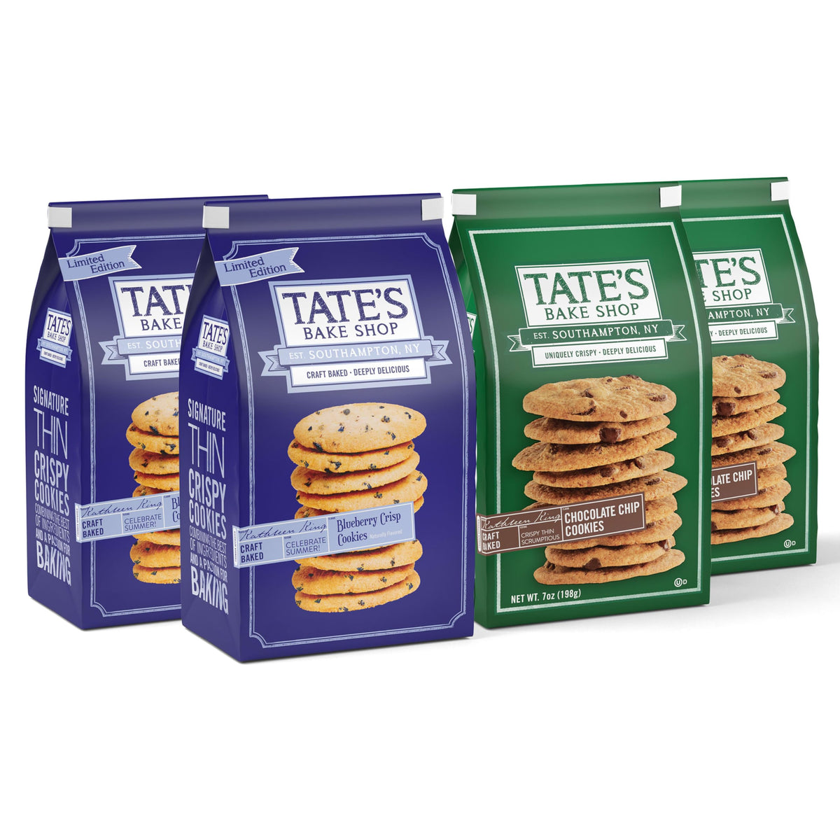 Tate's Bake Shop Blueberry Crisp Cookies pack on a kitchen counter, ideal for quick treats