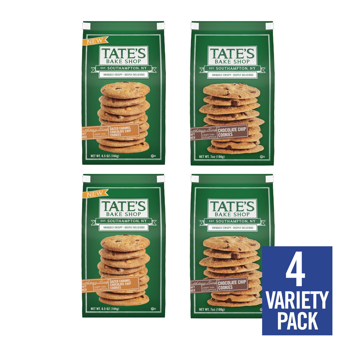 Close-up of Tate's Chocolate Chip Cookies highlighting crisp, buttery texture.