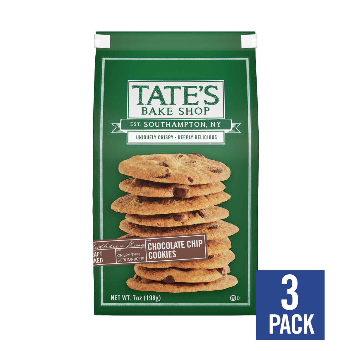 Close-up of Tate's cookies showing thin crispy texture and chips