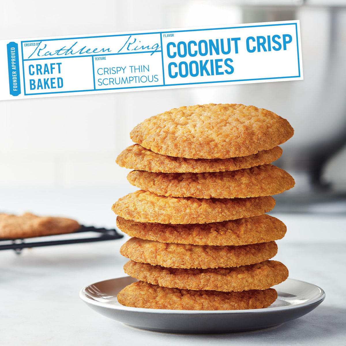 Close-up of coconut morsels and buttery crisp texture in Tate's Coconut Crisp Cookies