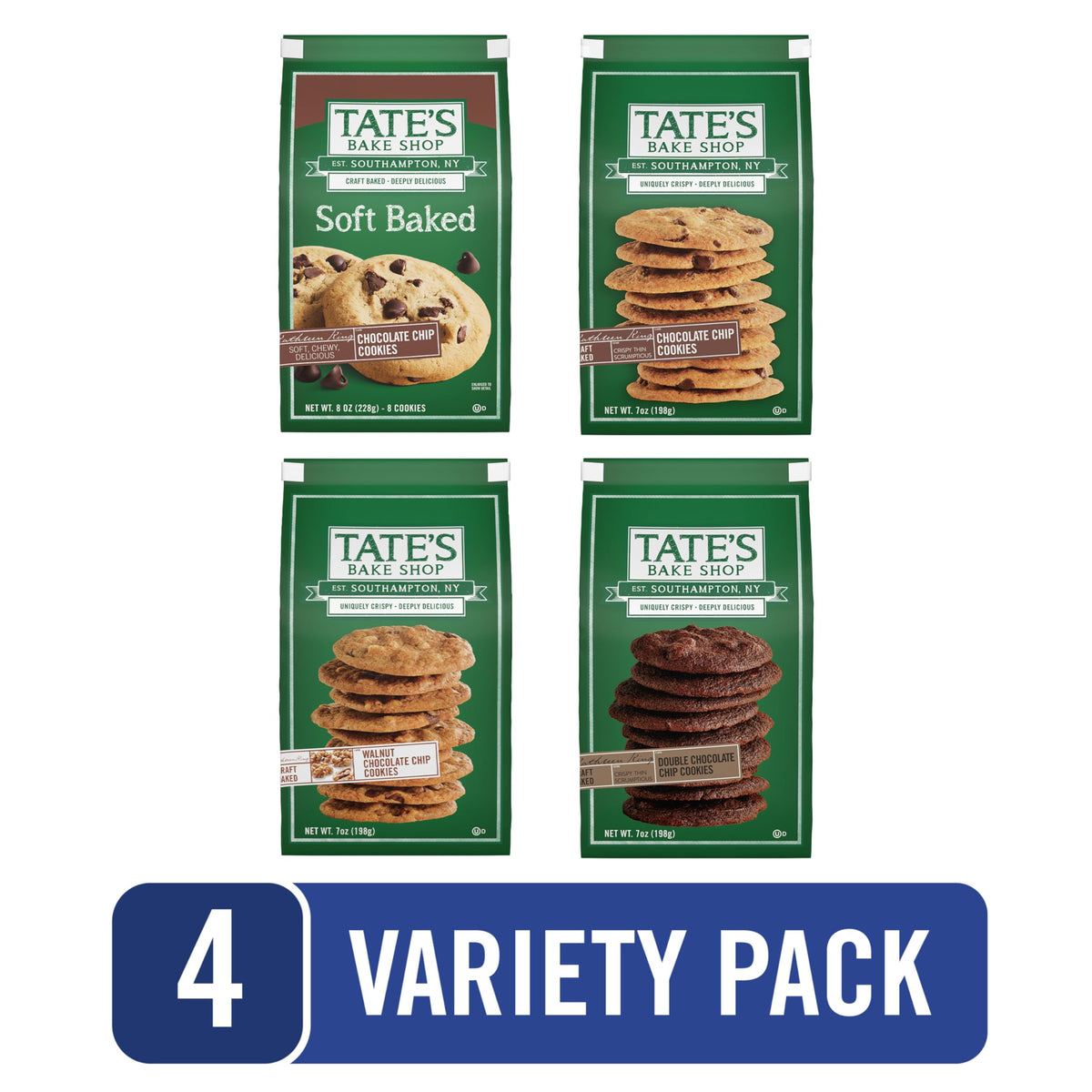 Tate's Double Chocolate Chip Cookies bag, rich dark chocolate for dessert thrills.