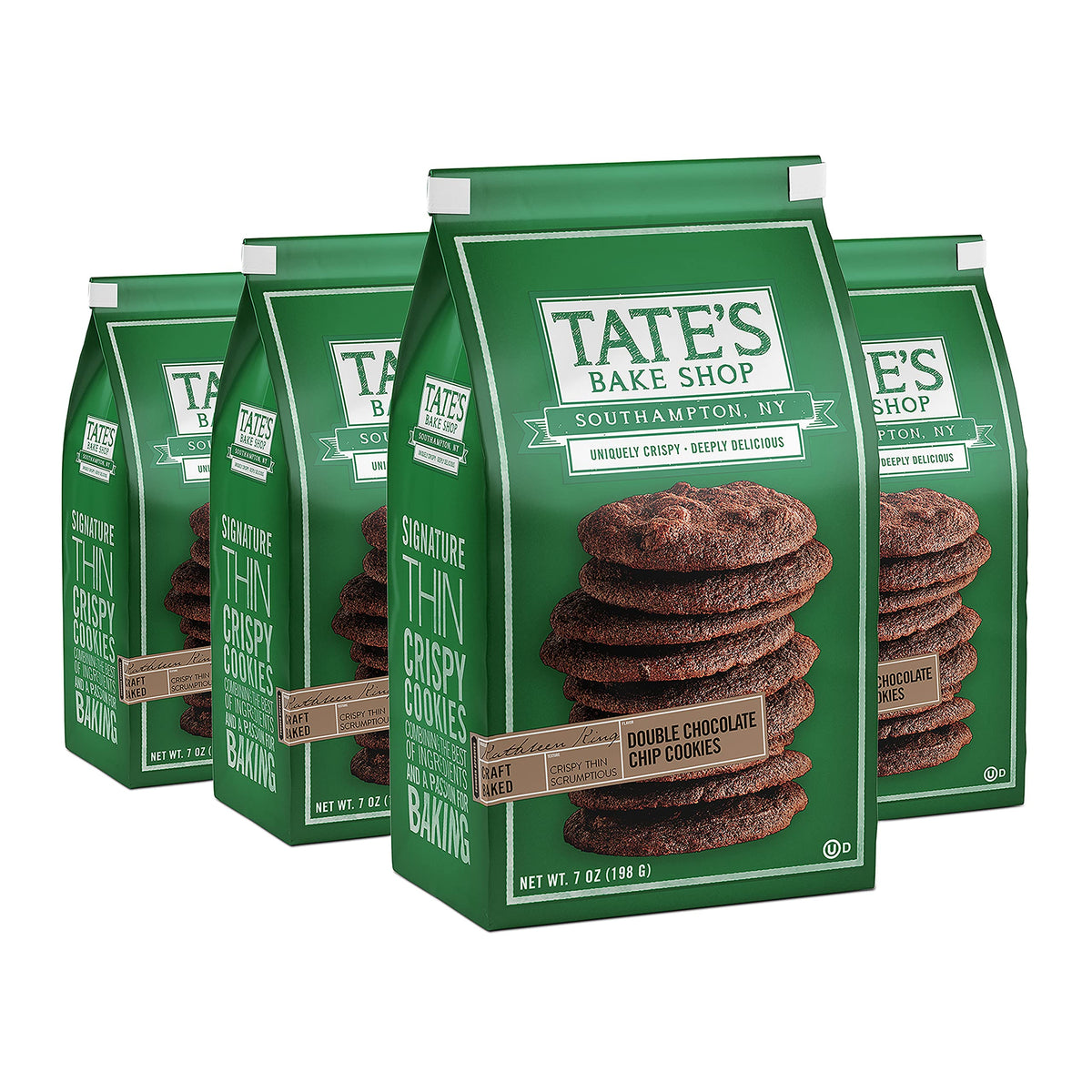 Tate's Bake Shop Double Chocolate Chip Cookies packaging with four 7 oz bags for sharing.