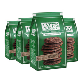 Tate's Bake Shop Double Chocolate Chip Cookies packaging with four 7 oz bags for sharing.