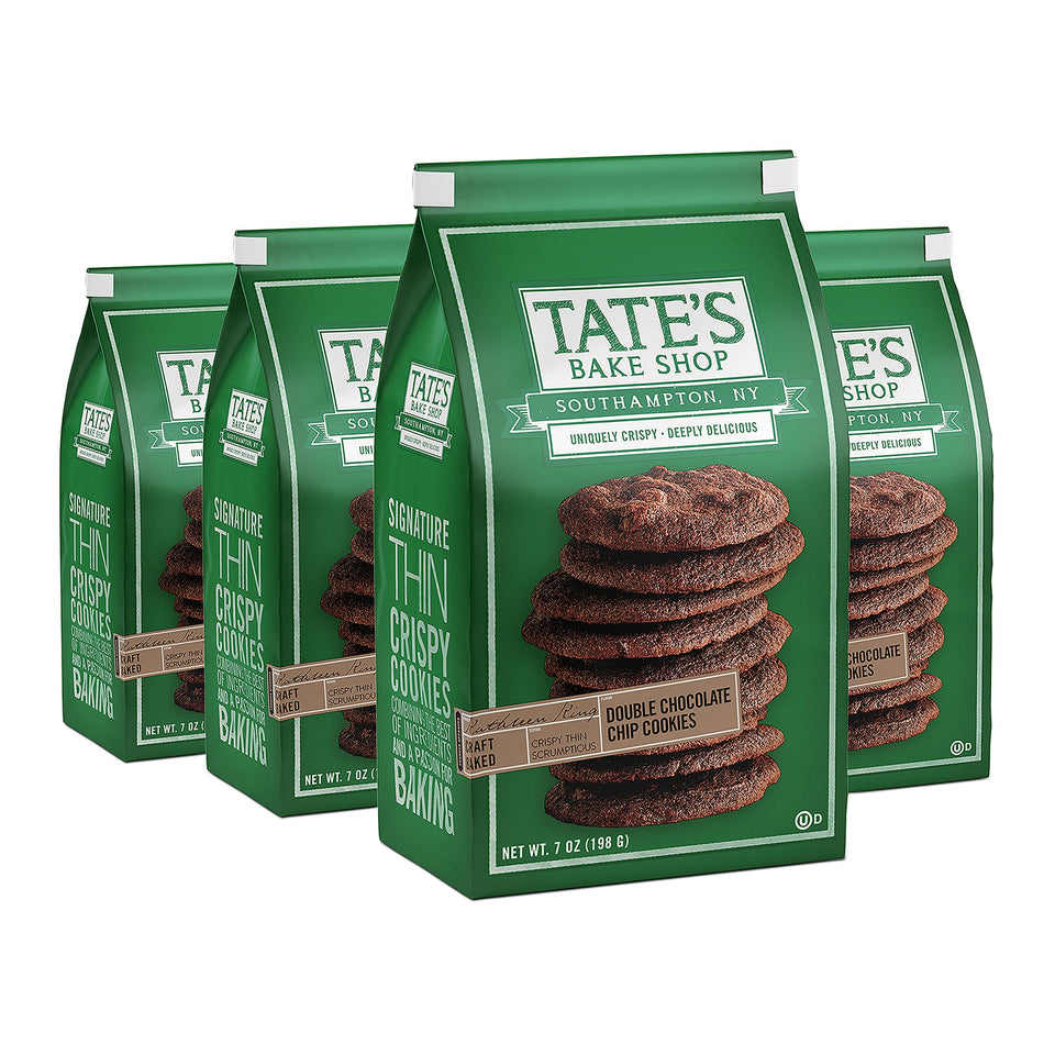 Tate's Bake Shop Double Chocolate Chip Cookies packaging with four 7 oz bags for sharing.