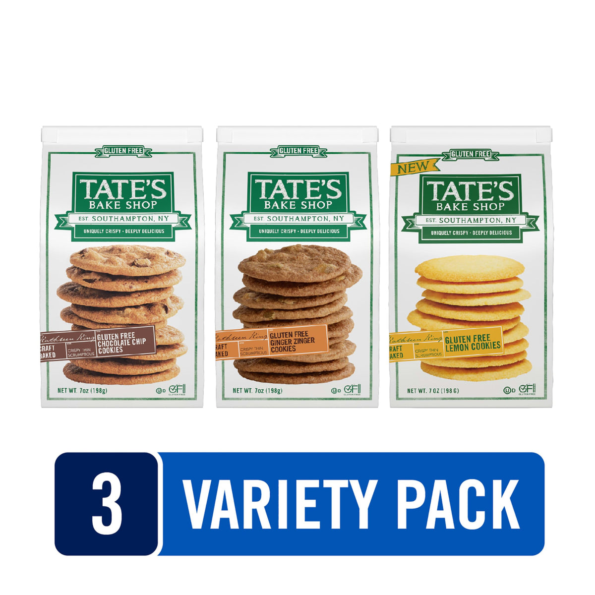Tate's Bake Shop reclosable bag of gluten-free cookies, keeps freshness for daily snacking.