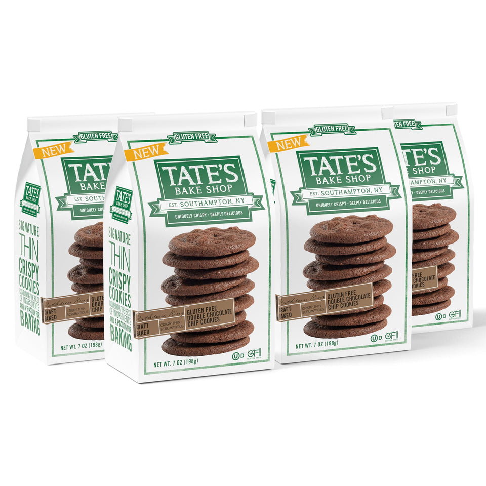 Tate's Bake Shop gluten-free double chocolate chip cookies in packaging, ideal for gifting.