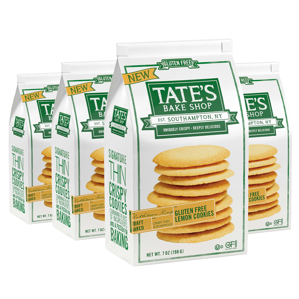 Tate's Bake Shop gluten free lemon cookies packaging shows crisp texture and bright lemon aroma.